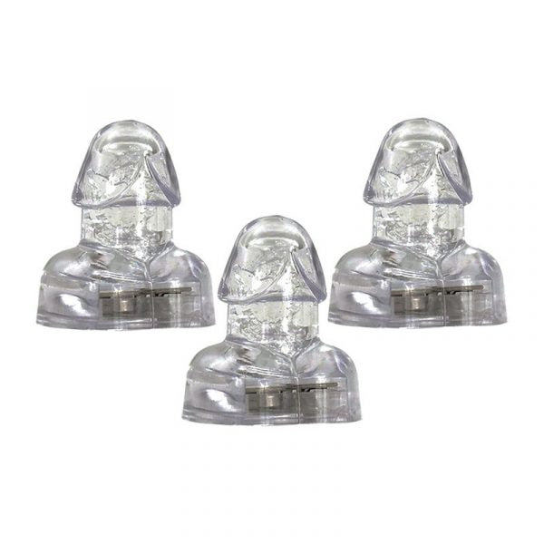 Three clear plastic penis ice cubes on a white background