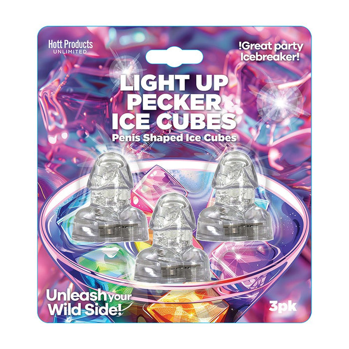Packaging of light-up pecker ice cubes with colorful design and text.