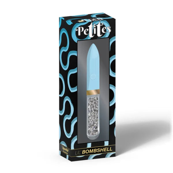 tapered tip glass vibrator in blue with silver glitter handle in box packaging 