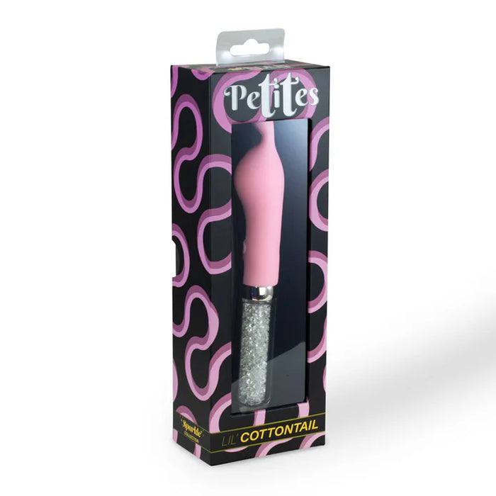 pink top vibrator with rabbit head, glitter glass hande in box packaging