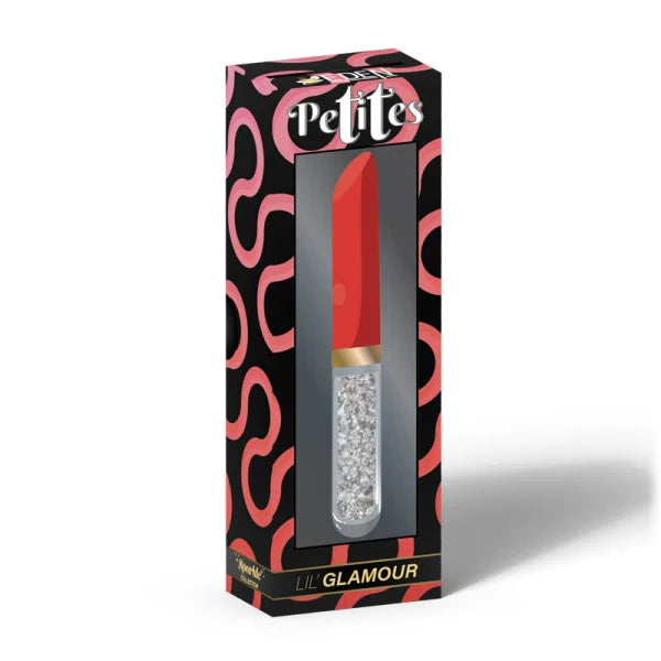 lipstick shaped vibrator in red with glass glitter handle on box packaging