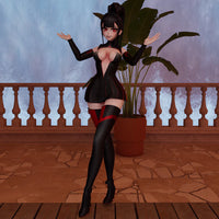 Animated character in a black outfit with red accents standing on a stone floor with a plant in the background.