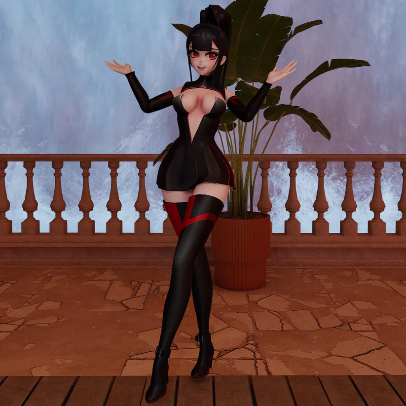 Animated character in a black outfit with red accents standing on a stone floor with a plant in the background.