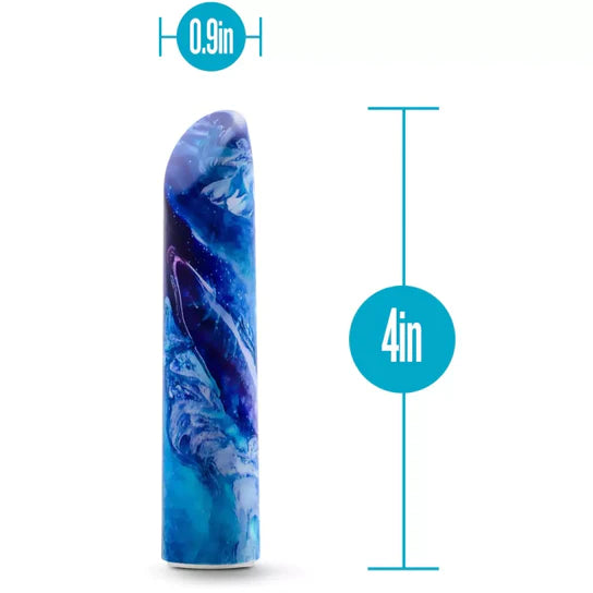 a blue marbled sleek vibe with an angled tip shown next to its measurements 0.9in by 4in