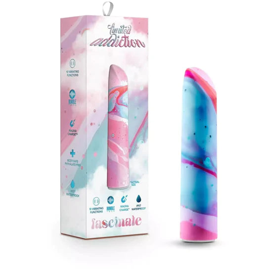 a pink and blue marbled sleek vibe with an angled tip shown next to its display box