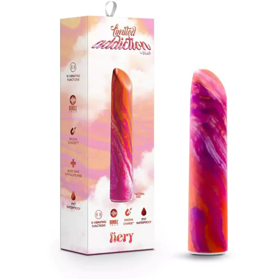 a pink, purple and orange marbled sleek vibe with an angled tip shown next to its display box