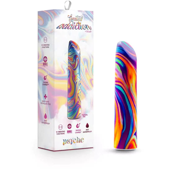 a multicolored marbled sleek vibe with an angled tip shown next to its display box