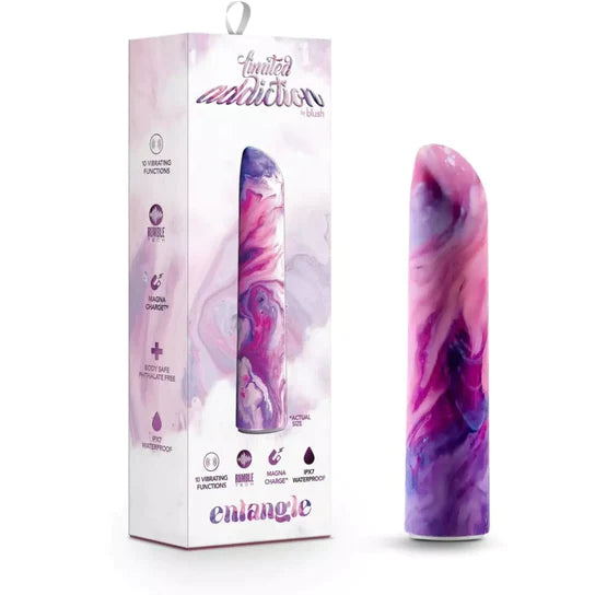 a pink and purple marbled sleek vibe with an angled tip shown next to its display box