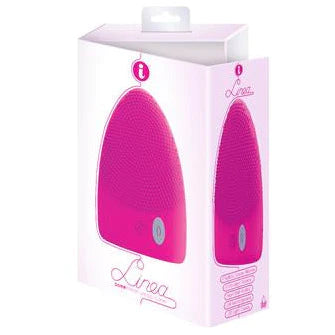 a white box depicting a pink half oval shaped vibrator with raised nodules on one side