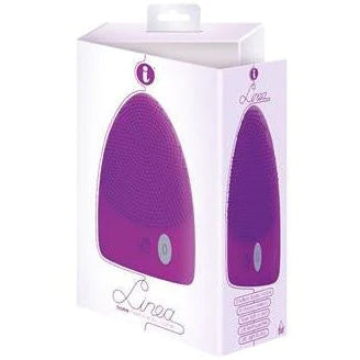 a white box depicting a purple half oval shaped vibrator with raised nodules on one side