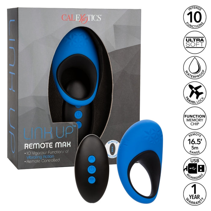 blue and black rechargeable vibrating cock ring with black remote next to link up box