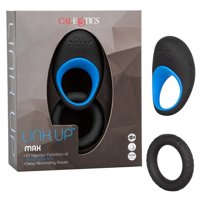 black and blue rechargeable vibrating cock ring with black non vibrating cock ring next to link up box
