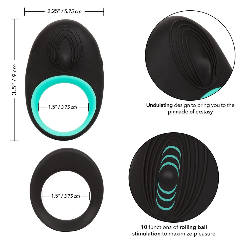 black and turquoise vibrating cock ring and black non vibrating cock ring with measuremensts and information