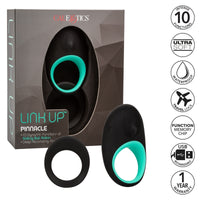 black and turquoise vibrating cock ring with black non vibrating ring next to link up box