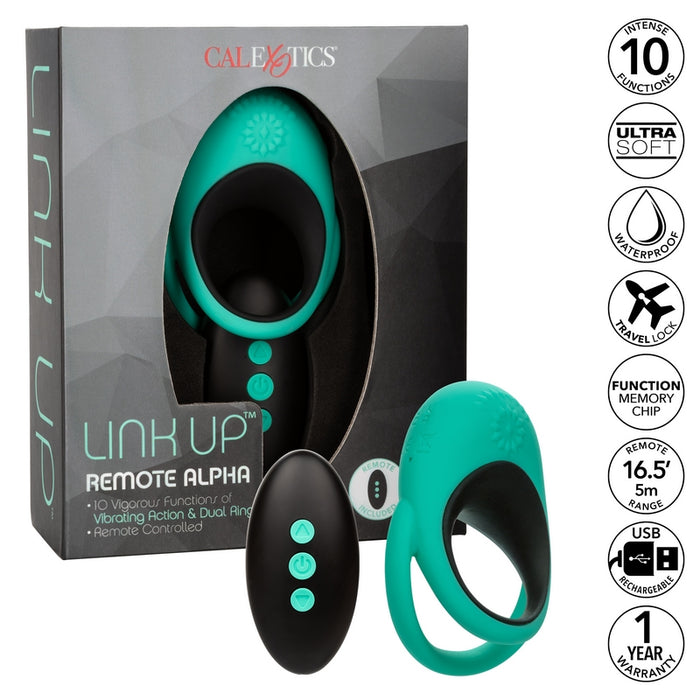 green and black vibrating cock with black remote next to link up box