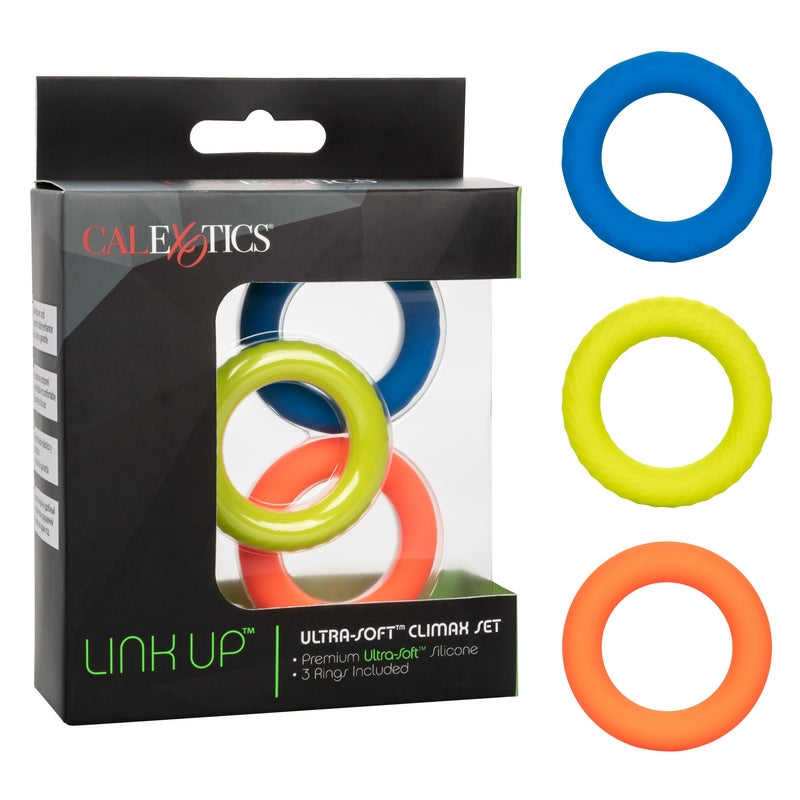 set of 3 silicone cock rings in different colors next to cal exotics box