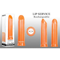 a multi angle view of an orange sleek vibrator with a slanted tip and a white function button on the bottom of the base, shown next to its white display box