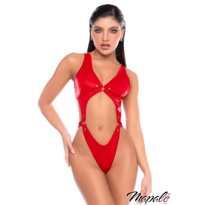 red wet look teddy worn on model 