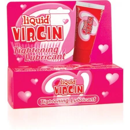 Box of Liquid Virgin Tightening Lubricant with pink packaging and heart designs.