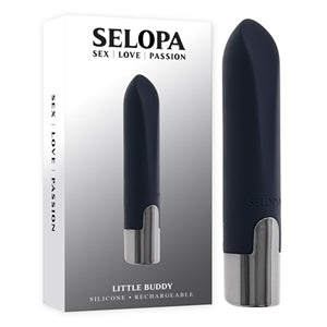 black vibrator with curved sides, silver bottom beside box packaging