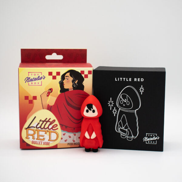 Red-themed product with packaging and black box on a white background