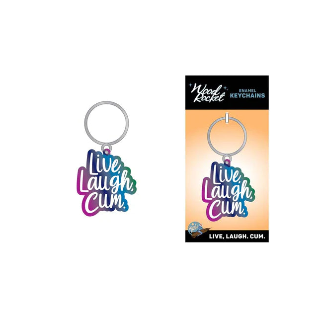 The image displays a metal keychain with the phrase "Live Laugh Cum" in colorful lettering. The keychain is shown both attached to a ring and separately, along with its packaging.