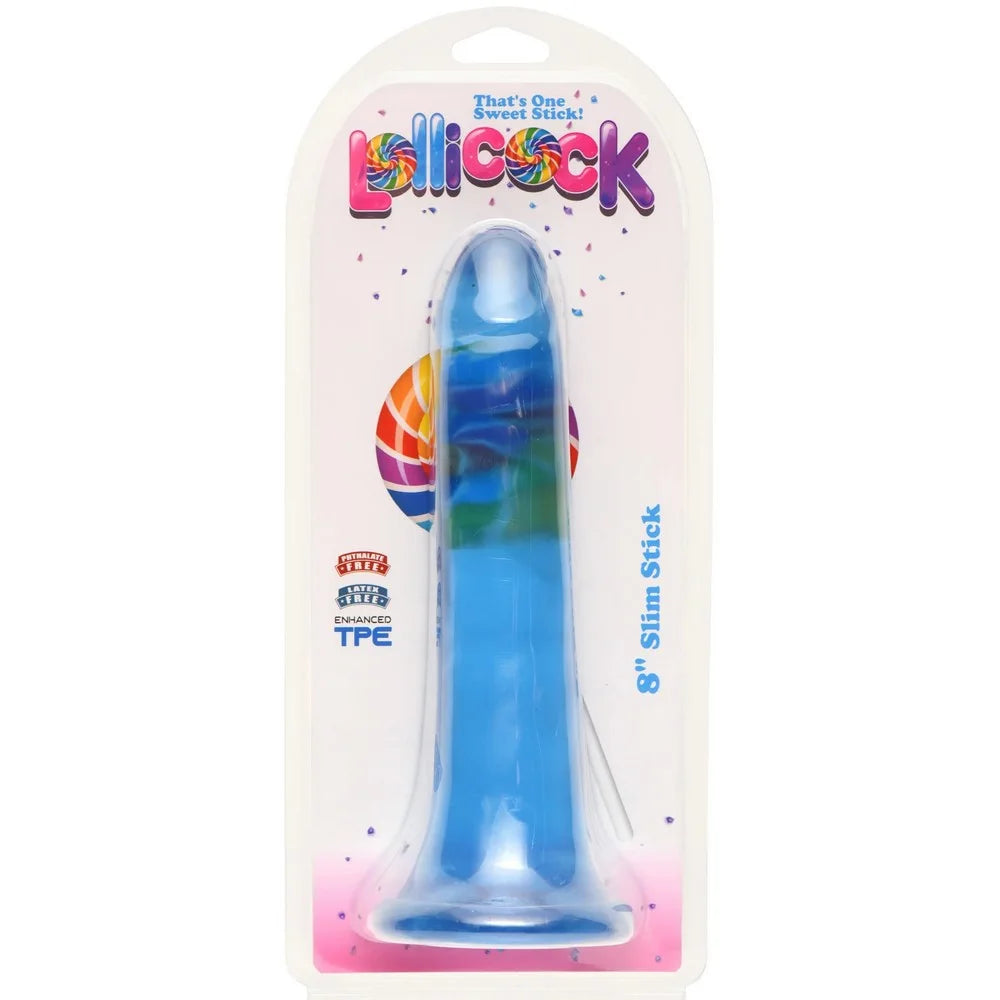 Blue slim stick in packaging with 'Lollicock' branding on a white background