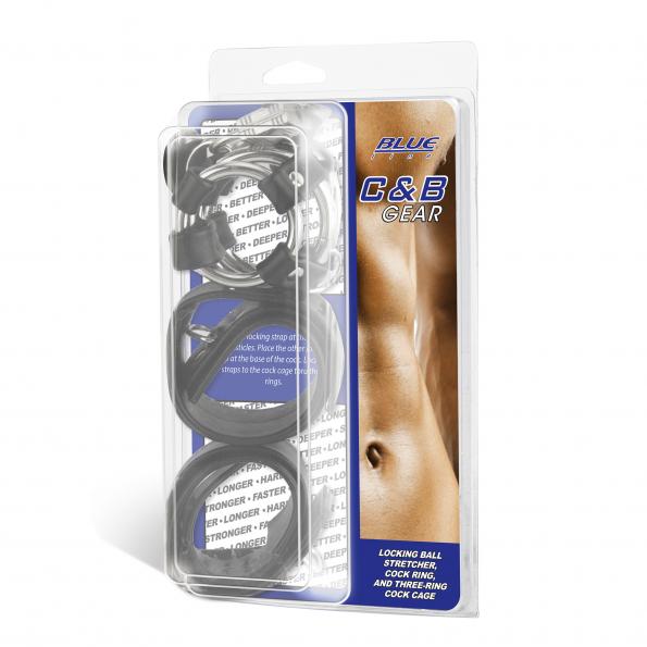 blue and clear packaging with a muscular male stomach on the front. Within the clear portion is the black and silver ball stretcher