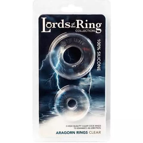 2 pack of different sized clear cock rings in lords of the rings package