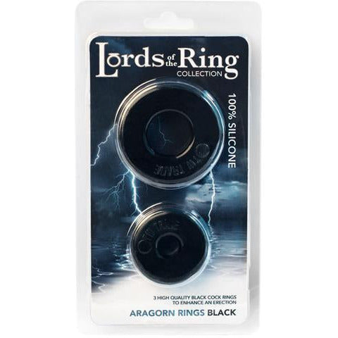 2 pack of different sized black silicone cock rings in lords of the rings package