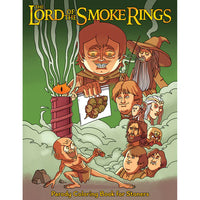The image displays the cover of "The Lord of the Smoke Rings" Adult Coloring Book by Wood Rocket. It features a vibrant and humorous illustration style that parodies the original "Lord of the Rings" series.