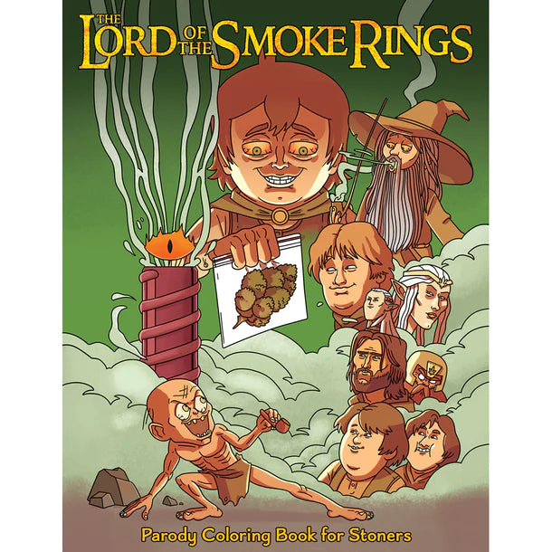 The image displays the cover of "The Lord of the Smoke Rings" Adult Coloring Book by Wood Rocket. It features a vibrant and humorous illustration style that parodies the original "Lord of the Rings" series.