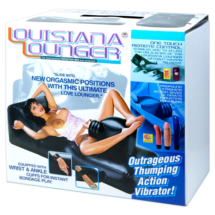 blue and white box with picture of woman lying on black inflatabe sex lounger with thrusting sex machine 
