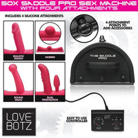 Sex machine with attachments and controller on a white background