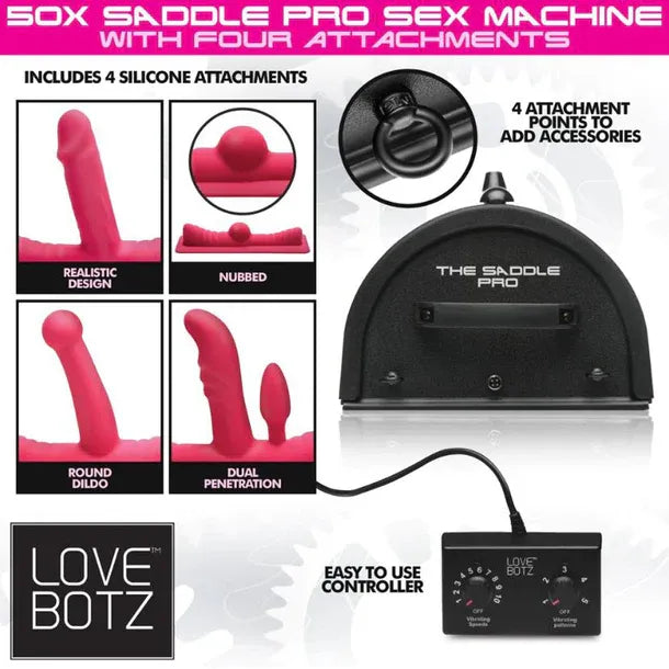 Sex machine with attachments and controller on a white background