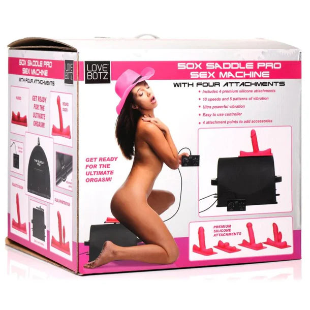 Product packaging for a saddle pro sex machine with a model on the box