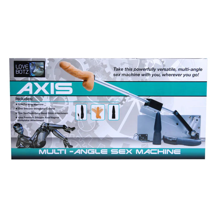Axis multi-angle sex machine packaging with product images and text on a white background