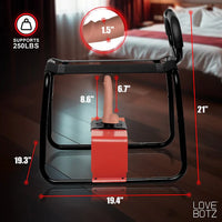 Black and red stool with measurements and support capacity details, blurred bedroom background