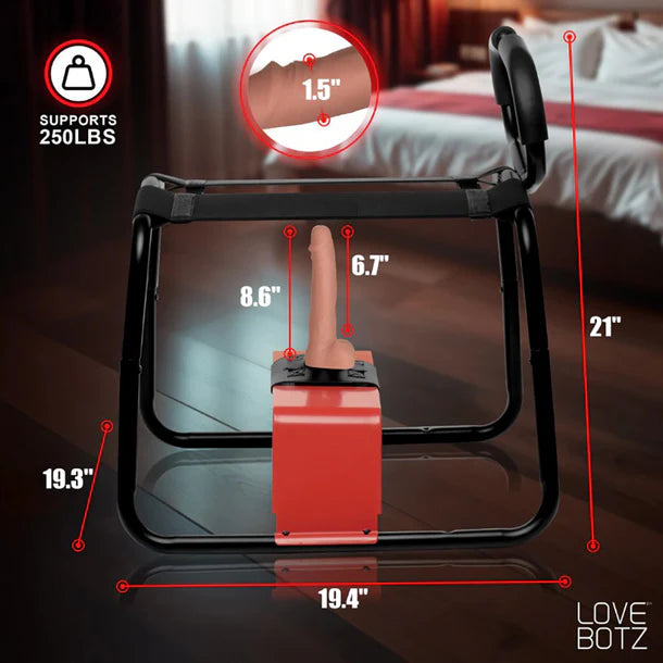 Black and red stool with measurements and support capacity details, blurred bedroom background