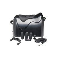 Black saddle with attachments on a white background
