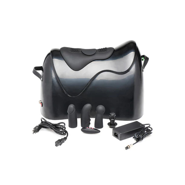 Black saddle with attachments on a white background