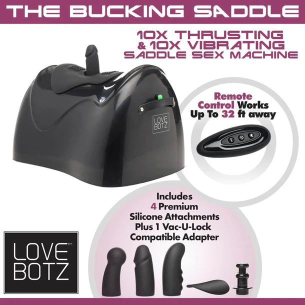 Sex machine with remote control and attachments, featuring Love Botz branding.