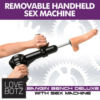 Product advertisement for 'Love Botz Bangin Bench Deluxe with Sex Machine' featuring a hand holding a mechanical device.