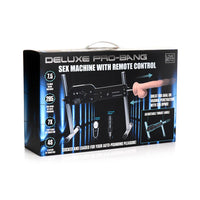 Box of a Deluxe Pro-Bang sex machine with remote control on a white background
