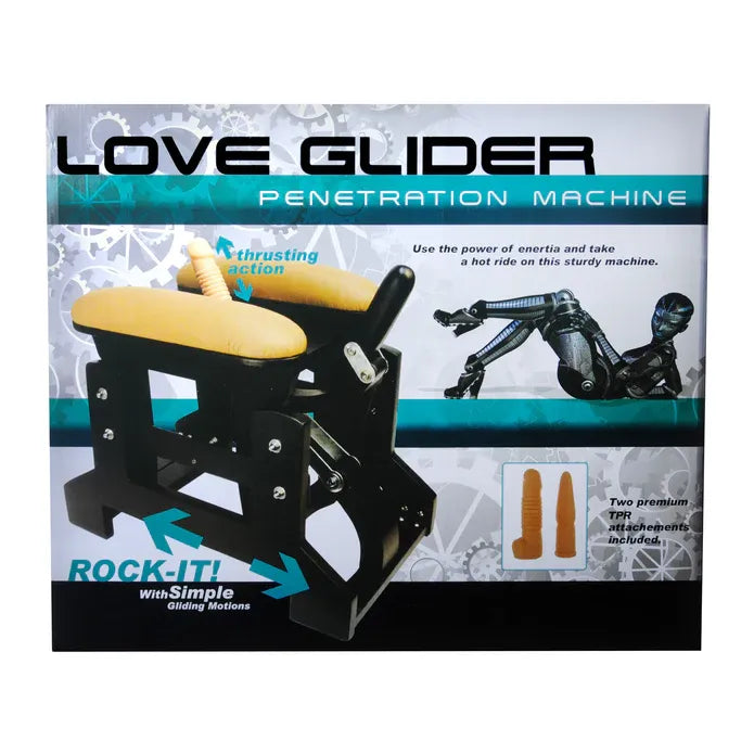 Box for a product called 'Love Glider' with images of the product and text on a white background.