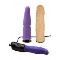 Purple and beige silicone toys with black control unit on a white background