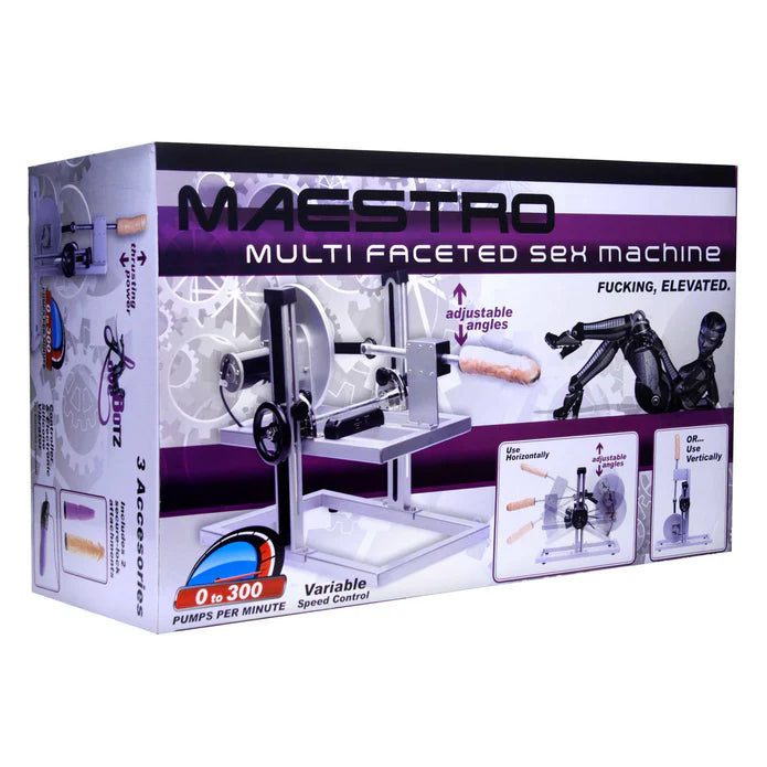 Box of Maestro multi-faceted sex machine with detailed features on a white background