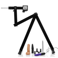 Black metal stand with various attachments on a white background