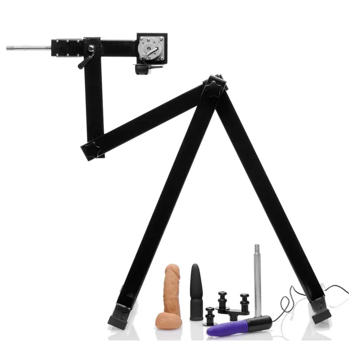 Black metal stand with various attachments on a white background