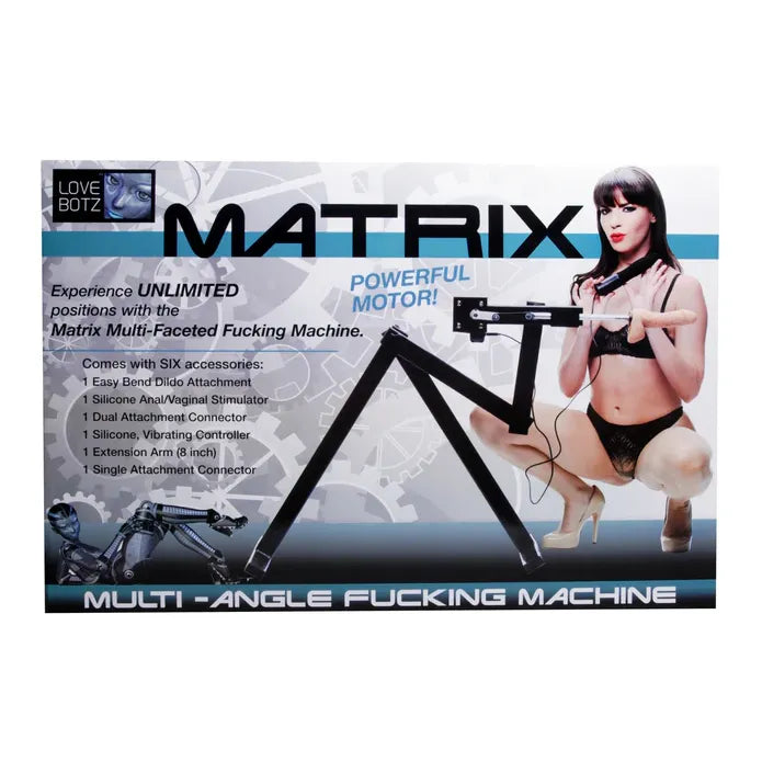 Product packaging for a 'Matrix' multi-angle fucking machine with a model on the box.